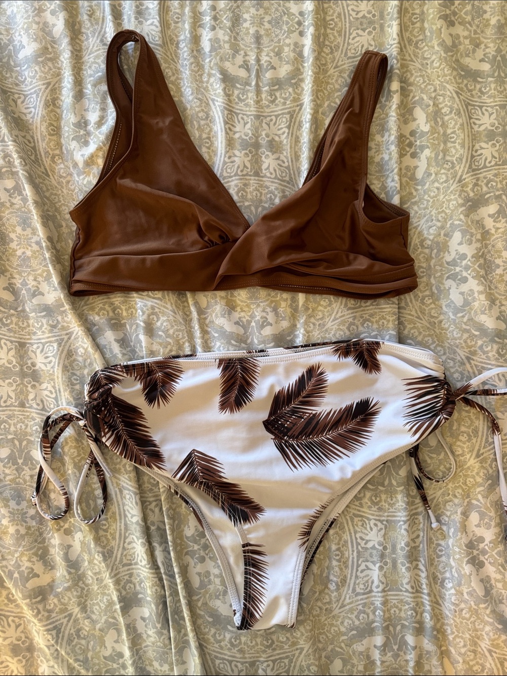 Brown Bikini Top with Palm-Print Tie-Side Bottoms